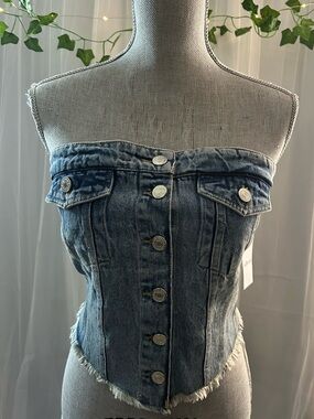 Denim Strapless Corset Crop Top - Blue